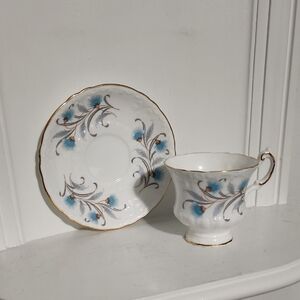 Roslyn Teacup Saucer Set Blue Gray Floral Bone China England